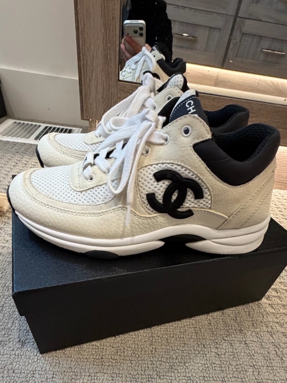CHANEL Mesh suede Calfskin Grained Cream and Black and white Logo Sneakers sz 37 - Picture 2 of 10